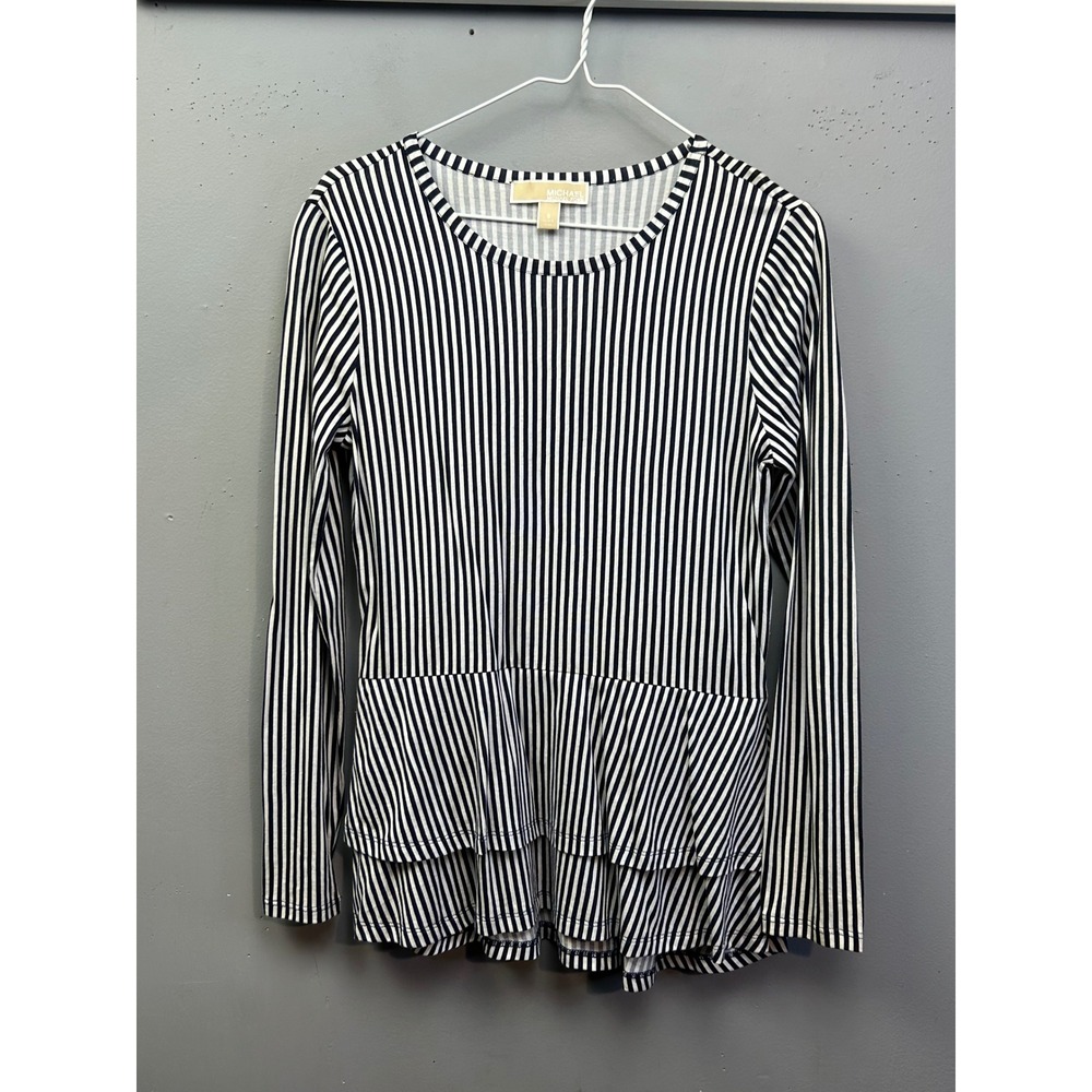 Michael Kors Top Womens Small Blue White Striped Peplum Long Sleeve Crew Neck